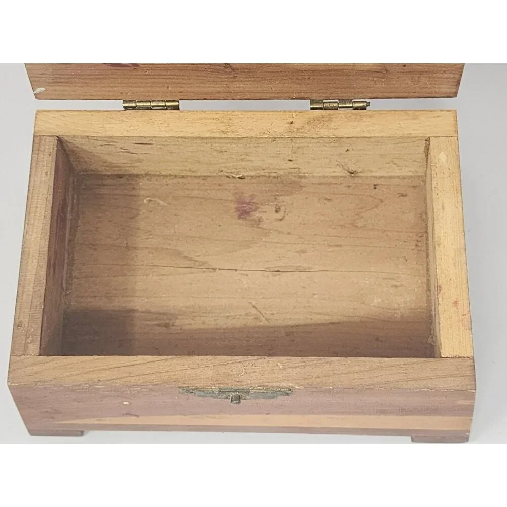 Vintage Small Cedar Wood Jewelry Keepsake Box Solid Wood Construction Stamped101